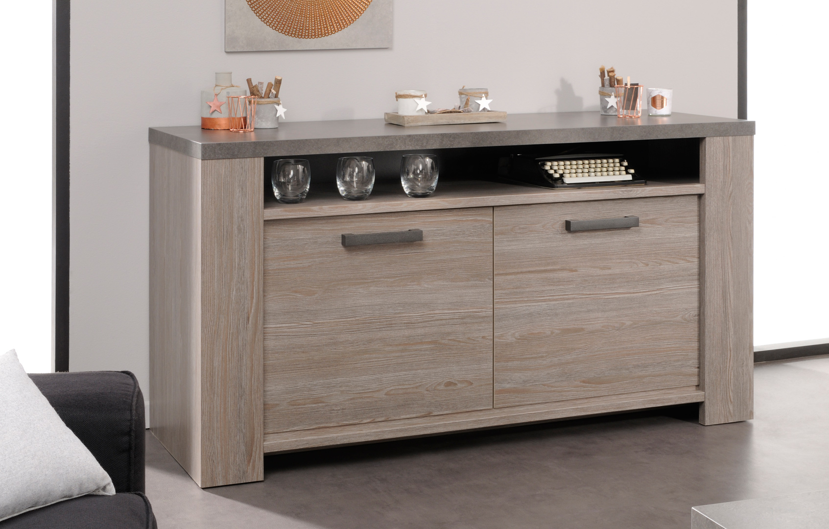 Buffet bahut contemporain 150 cm chêne foncé béton foncé Odeline Matelpro