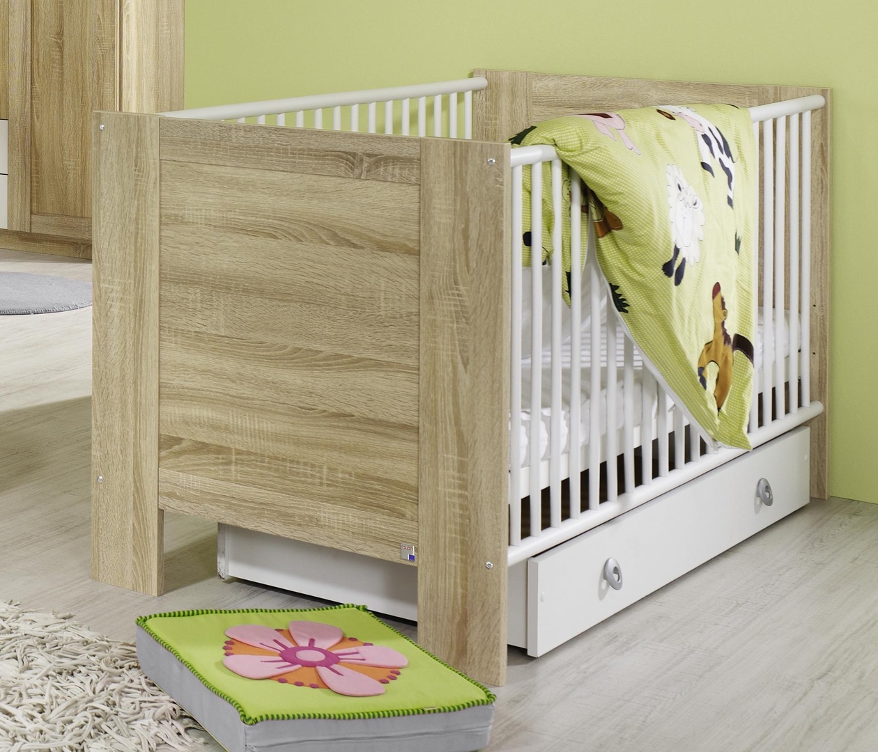 Lit Bebe A Barreaux Contemporain Chene Clair Blanc Ronco