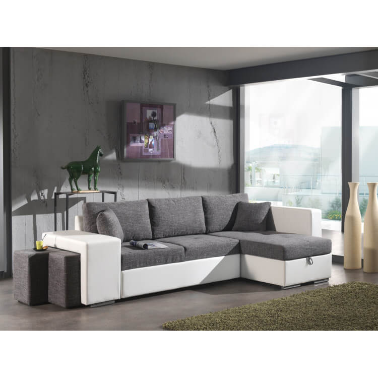 Canapé d'angle convertible avec pouf en tissu gris/PU ...