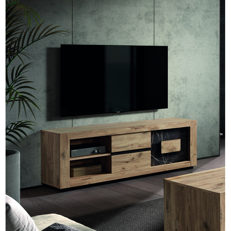 Meuble TV moderne 170 cm chêne canyon/gris marbré Sabina