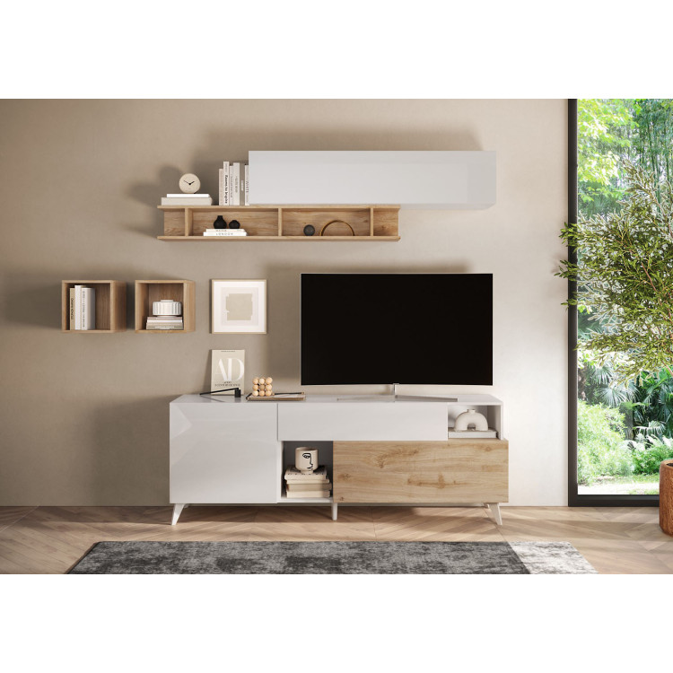 Meuble tv 180 cm chêne cadiz/blanc laqué Minorka