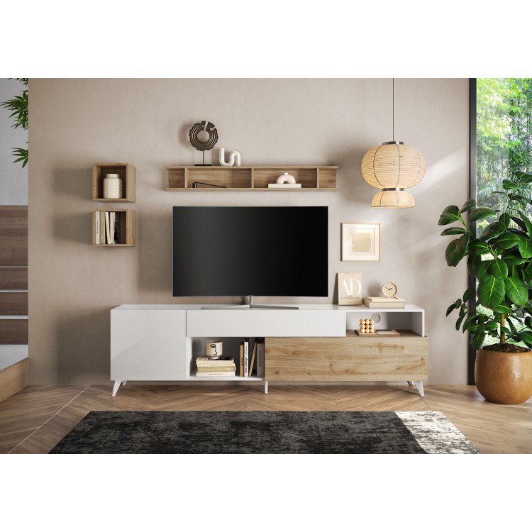 Meuble tv 241 cm chêne cadiz/blanc laqué Minorka