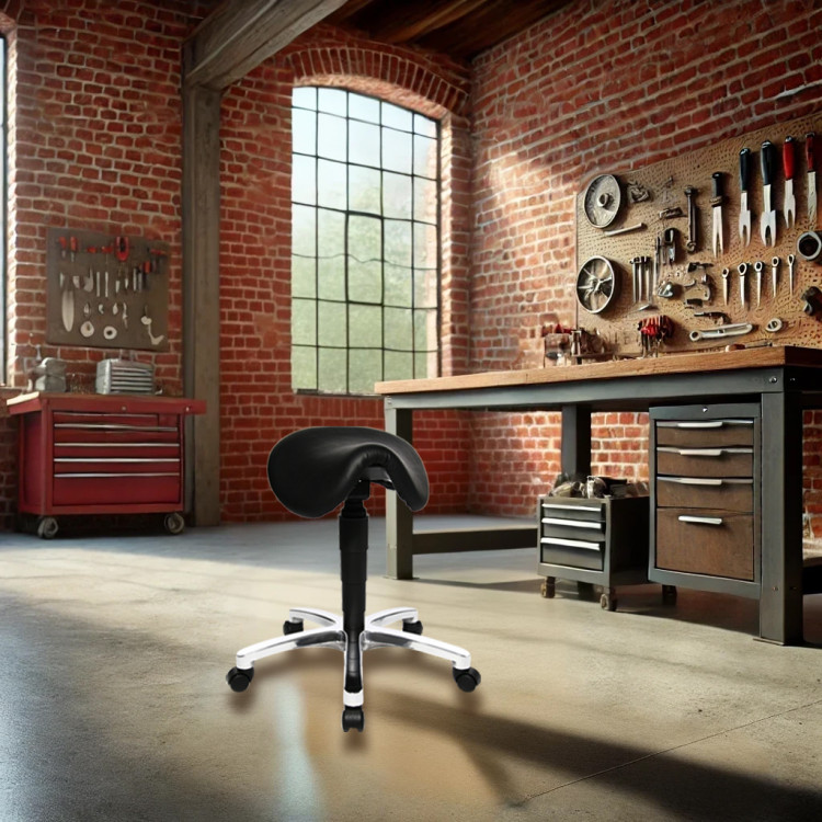 Tabouret d'atelier ergonomique sur roulettes en cuir noir Bony