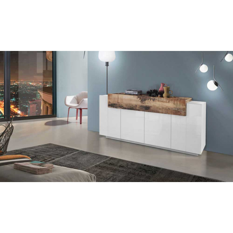 Buffet/bahut moderne 200 cm blanc laqué/érable Corso