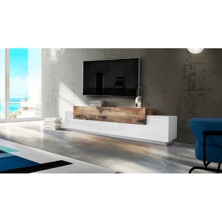 Meuble TV moderne 240 cm blanc laqué/érable Corso