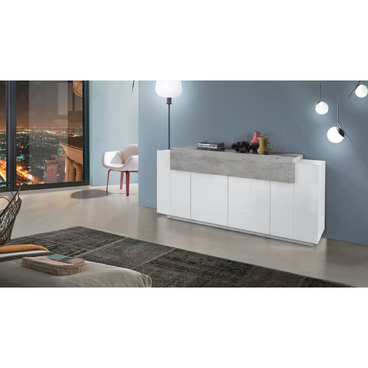 Buffet/bahut moderne 200 cm blanc laqué/béton Corso