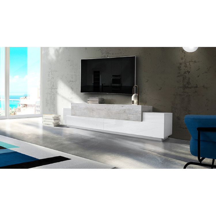 Meuble TV moderne 240 cm blanc laqué/béton Corso