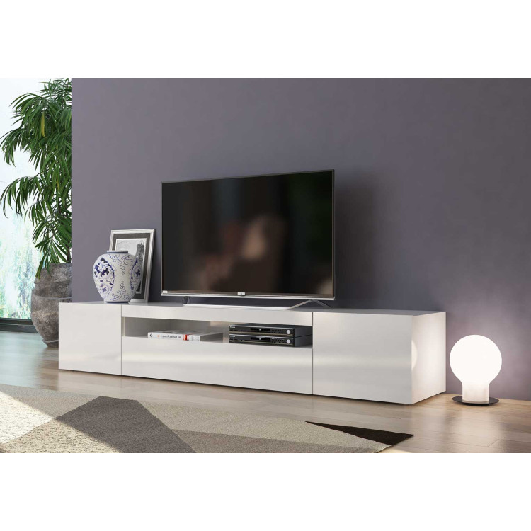 Meuble TV moderne 200 cm laqué blanc brillant Adilah