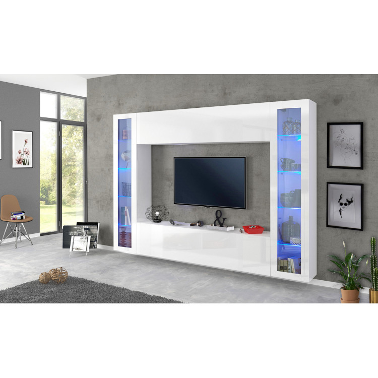 Ensemble TV mural moderne 4 éléments blanc laqué brillant Maroussia