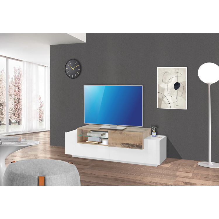 Meuble TV moderne 160 cm blanc laqué brillant/érable Apollon