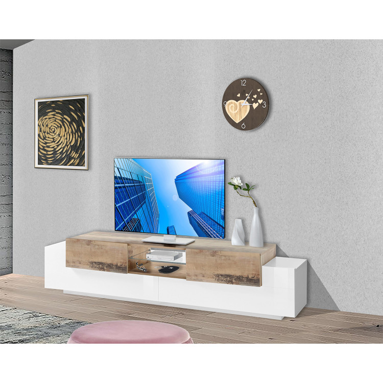 Meuble TV moderne 220 cm blanc laqué brillant/érable Apollon