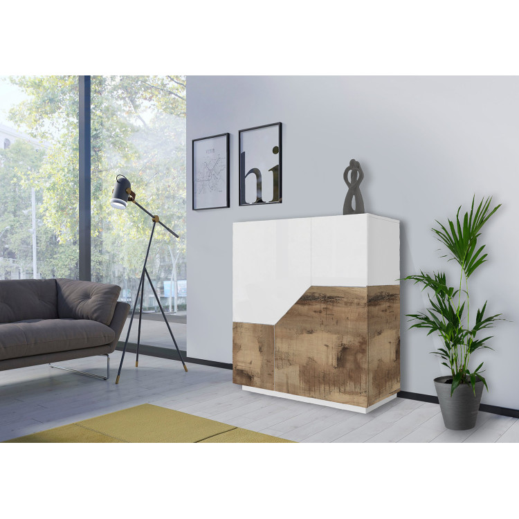 Buffet haut moderne 100 cm blanc laqué brillant/érable Alienor