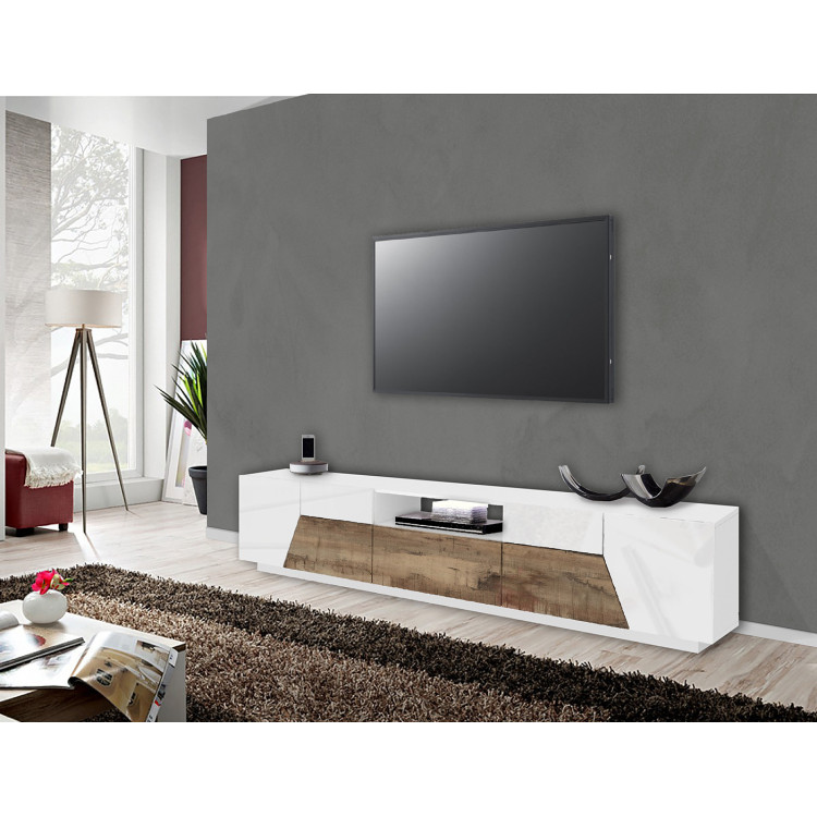 Meuble TV moderne 220 cm blanc laqué brillant/érable Alienor