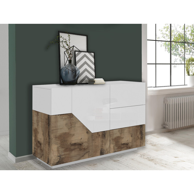 Buffet/bahut moderne 140 cm blanc laqué brillant/érable Alienor