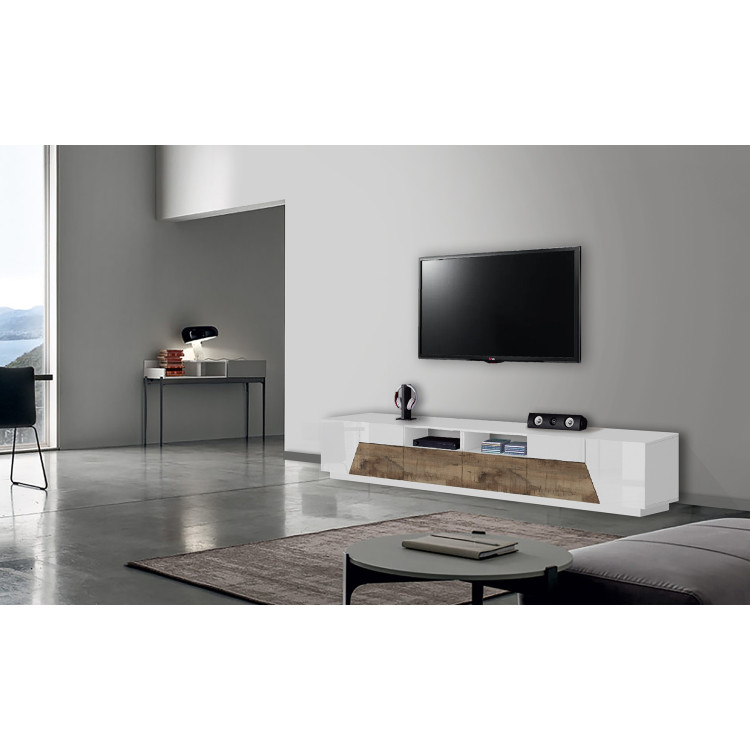 Meuble TV moderne 260 cm blanc laqué brillant/érable Alienor