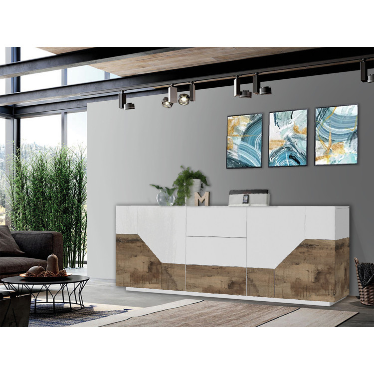 Buffet/bahut moderne 220 cm blanc laqué brillant/érable Alienor