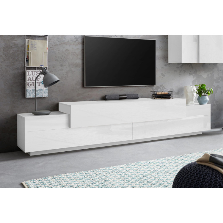 Meuble TV moderne 240 cm blanc laqué brillant Corso