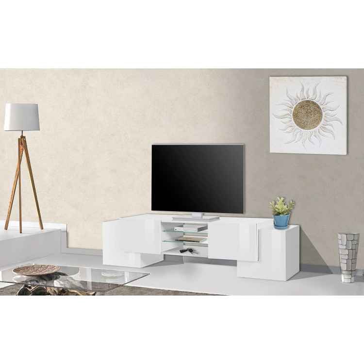 Meuble TV moderne 190 cm blanc laqué brillant Gisela