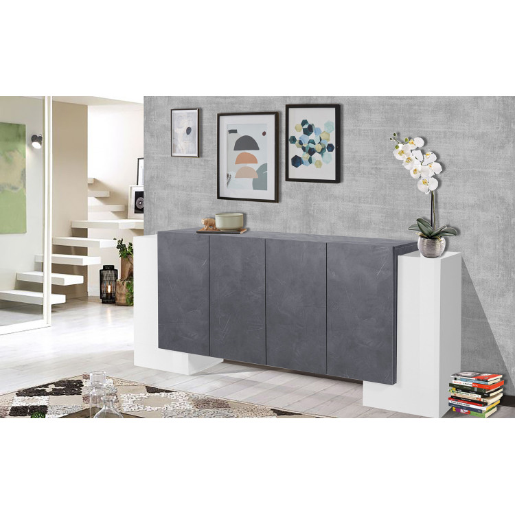 Buffet/bahut moderne 210 cm blanc laqué brillant/ardoise Gisela