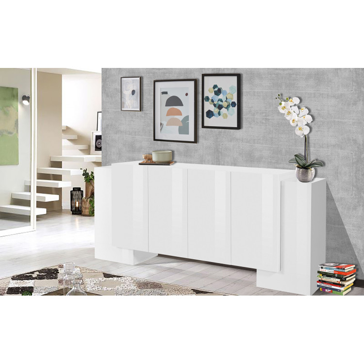 Buffet/bahut moderne 210 cm blanc laqué brillant Gisela