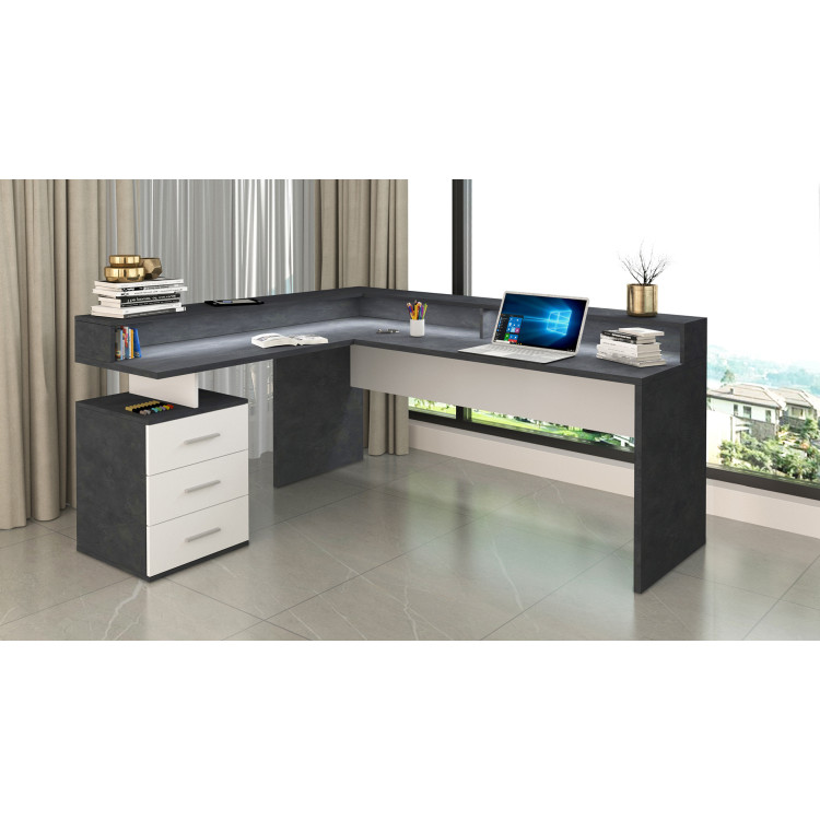 Bureau d'angle avec réhausse blanc brillant/ardoise Sevina