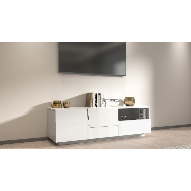 Meuble TV moderne 150 cm blanc brillant Pedro