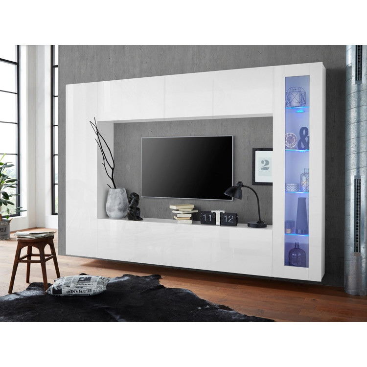 Banc TV moderne 260 cm blanc laqué brillant Maroussia