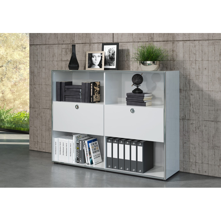 Armoire de bureau moderne H 113 cm blanc laqué brillant Leila