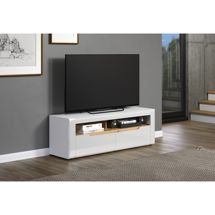 Meuble TV contemporain 150 cm blanc laqué brillant Marlie