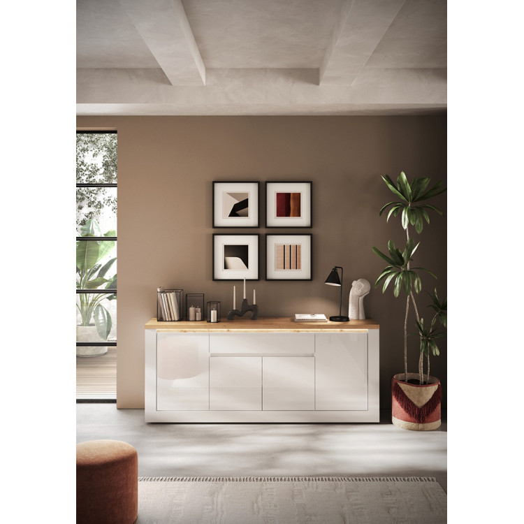 Buffet/bahut contemporain 207 cm blanc laqué brillant Isia