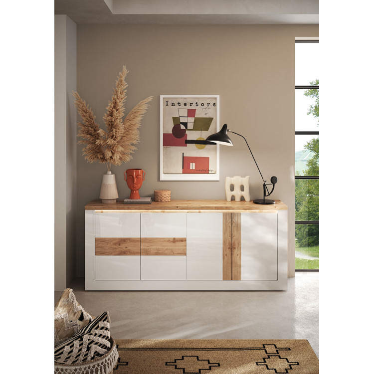 Buffet/bahut contemporain 210 cm blanc laqué brillant Isia