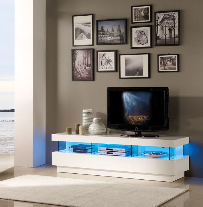 Meuble TV LED Laqué Blanc Design pour salon