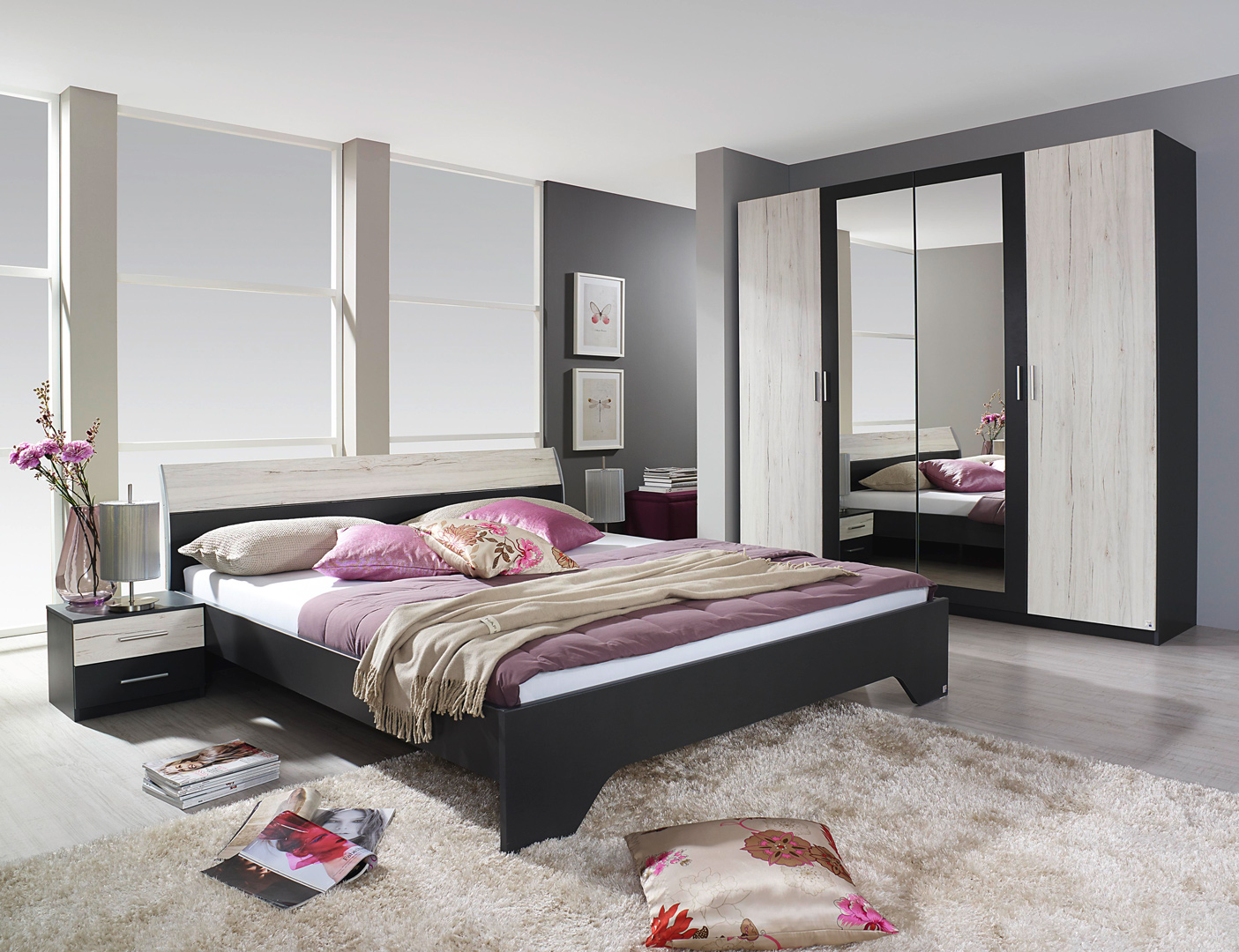 Chambre adulte contemporaine chêne blanc/gris métallique Yolene II