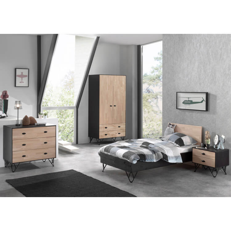 Chambre Enfant Industrielle Bois Massif Chene Noir Laque Florinda Matelpro