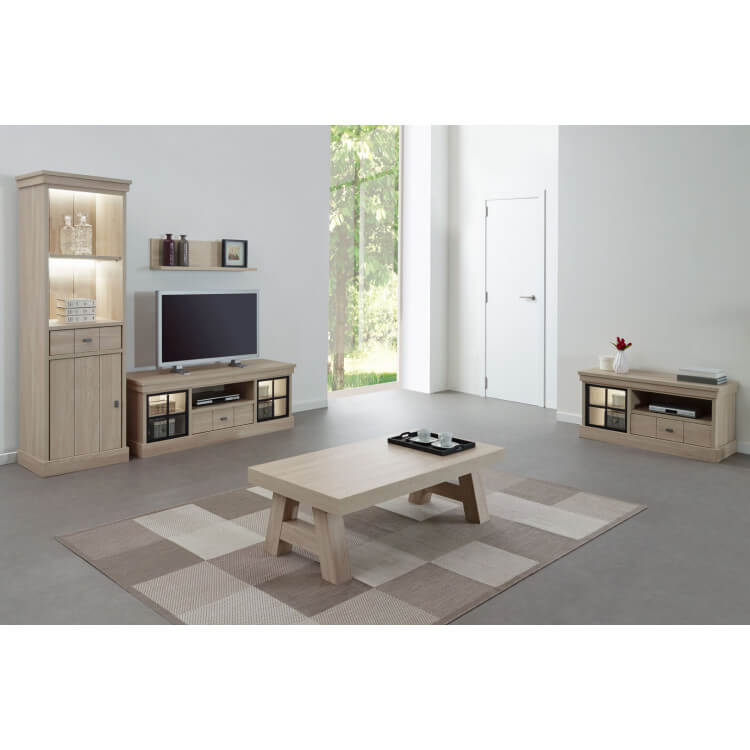 Meuble TV d'angle 2 portes 115 cm blanc et naturel