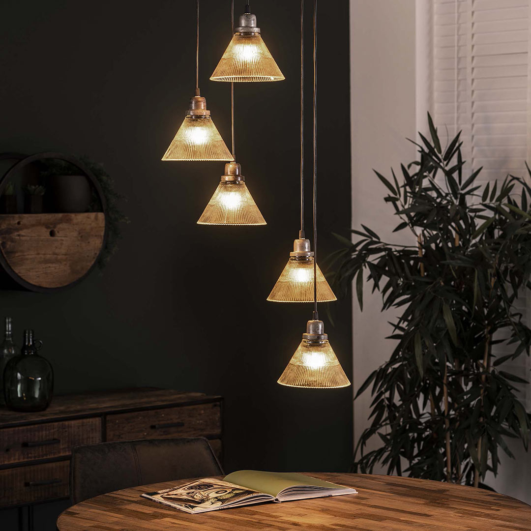 Suspension vintage avec abat-jour en verre 5 lampes Jason | Matelpro