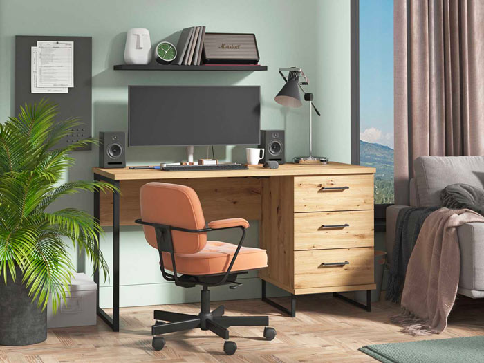 Bureau chêne avec 3 tiroirs bureau pour PC avec rangement - Ciel & terre